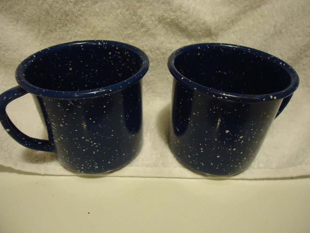 ENAMELWARE BLUE/WHITE SPECKLED CUPS SET OF TWO....