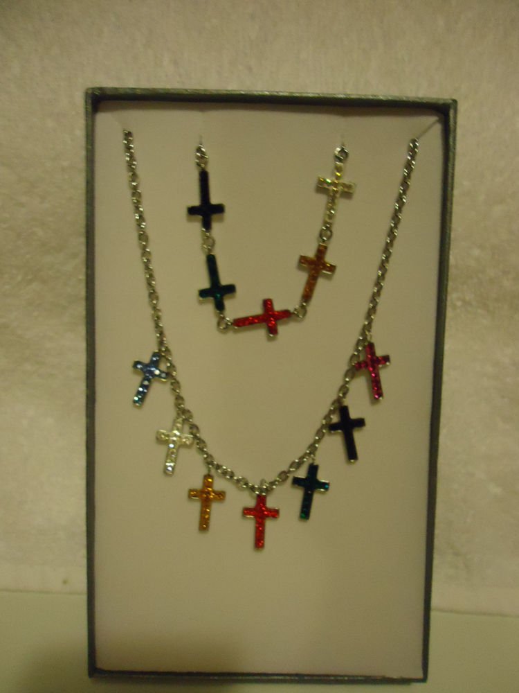 7 COLOR AUSTRIAN CRYSTAL CROSS DANGLE NECKLACE AND BRACELET...NEW..FREE SHIP