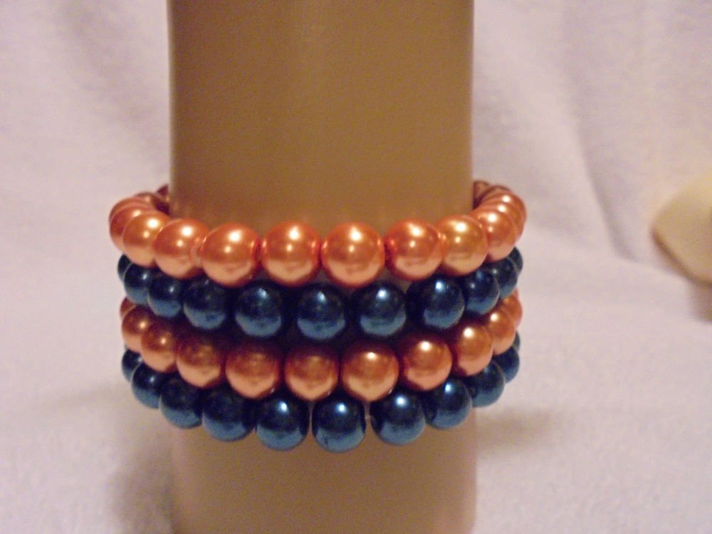 BEADED STRETCH BRACELETS....8MM..SET OF 4 GOLDEN & BLUE....GREAT COLORS