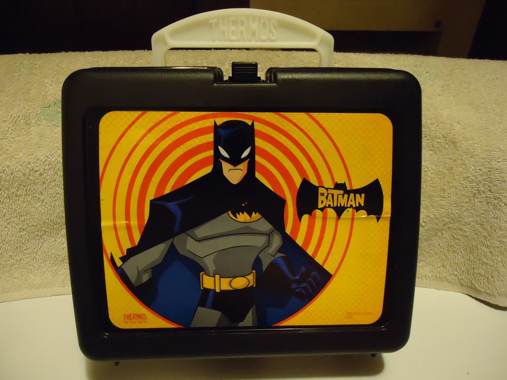 BRIGHT COLORED BAT MAN HARD PLASTIC LUNCH BOX WITH THERMOS....
