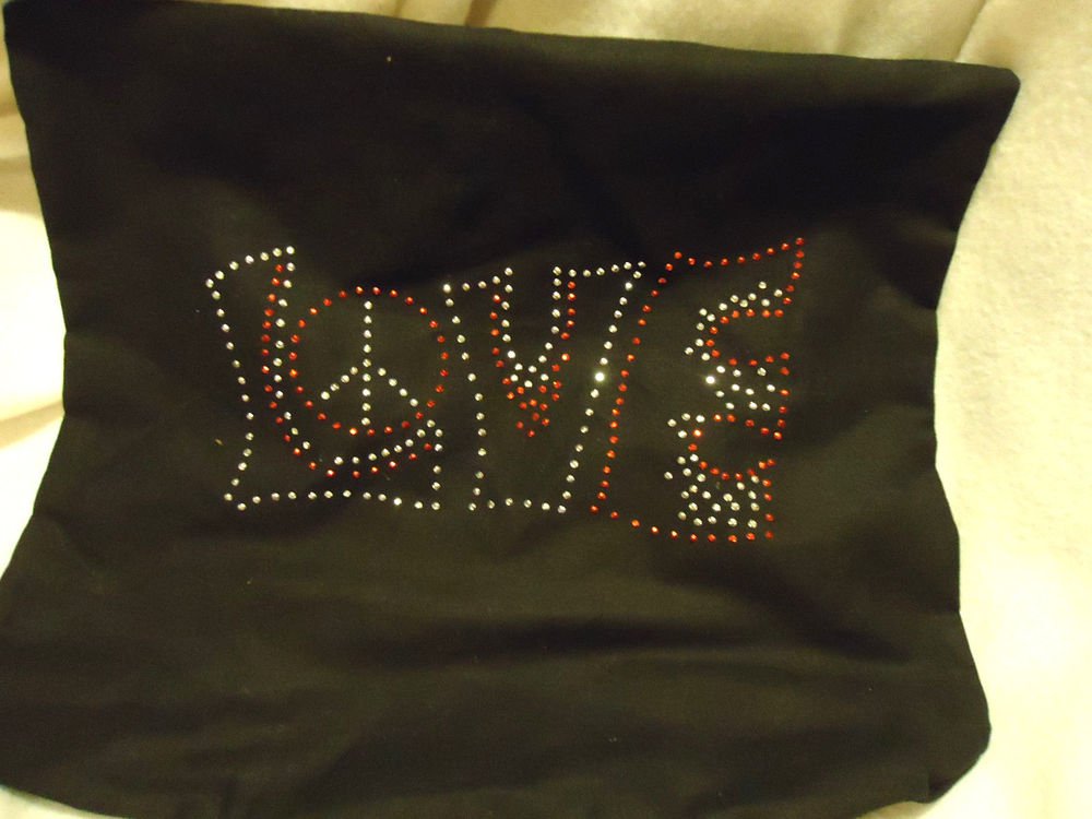 BLACK WITH "LOVE" & PEACE SIGN IN SHINY BRADS...MEDIUM...SOFT POLISHED COTTON