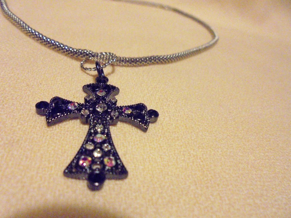 NICE CROSS WITH BLACK & IRIDESCENT RHINESTONES ON 16" MESH CHAIN WITH EXTENDER..