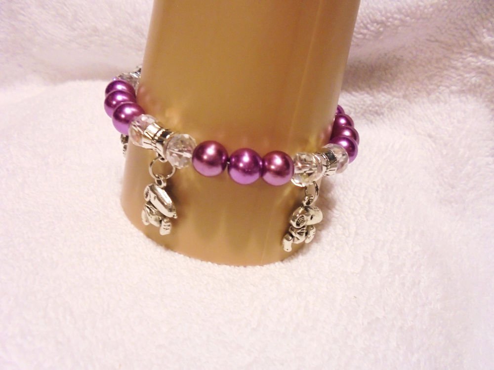 DEEP PURPLE PEARL/CRYSTALS CHARM BRACELET WITH 3 SNOOPY CHARMS-EXPANDABLE