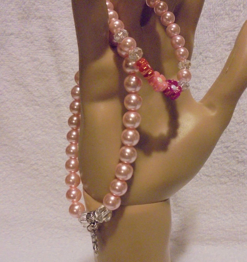 SET OF BABY & MOTHER STRETCH BEADED BRACELETS WITH CROSS CHARMS & PINK FLOWERS