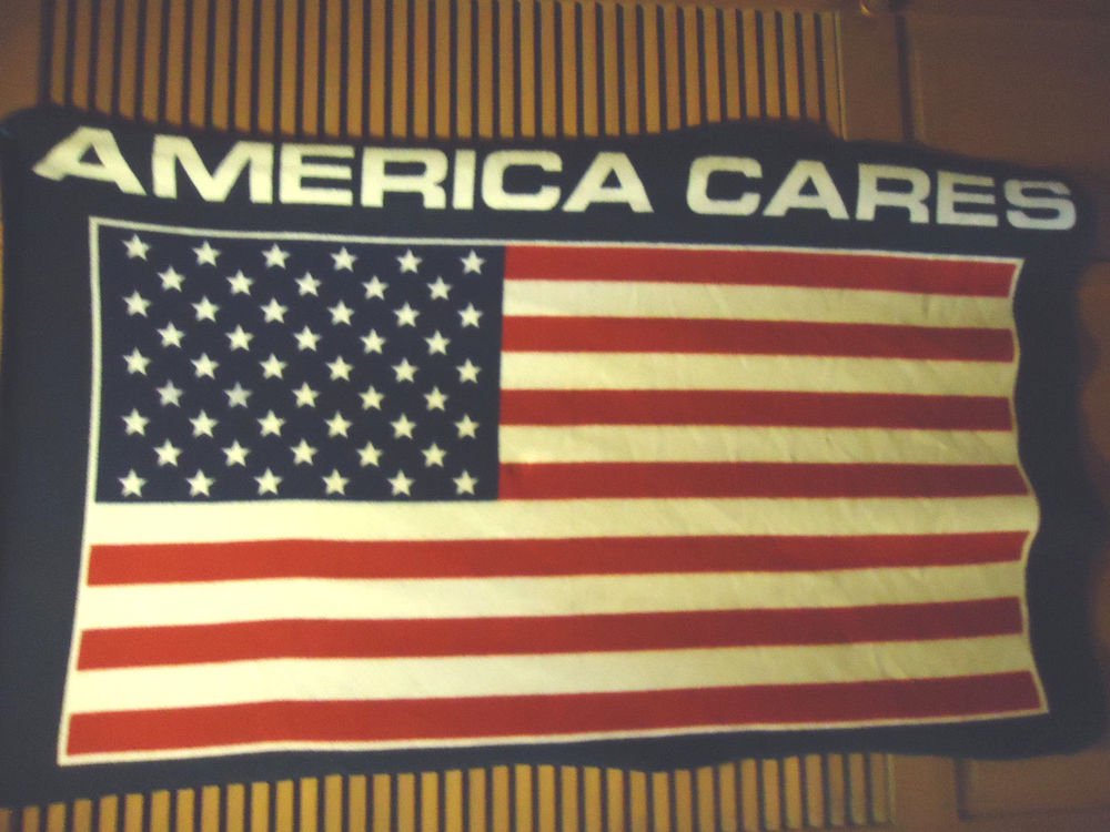PLUSH "AMERICA CARES" BLANKET.. FLAG RED, WHITE & BLUE...54" X 34"...NICE.