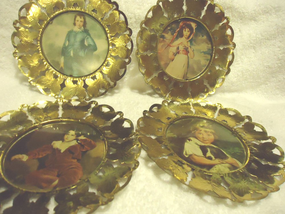 FOUR ANTIQUE BRASS ROUND FRAMES PINKY, BLUE BOY, & 2 OTHERS--ENGLAND 6" ROUND