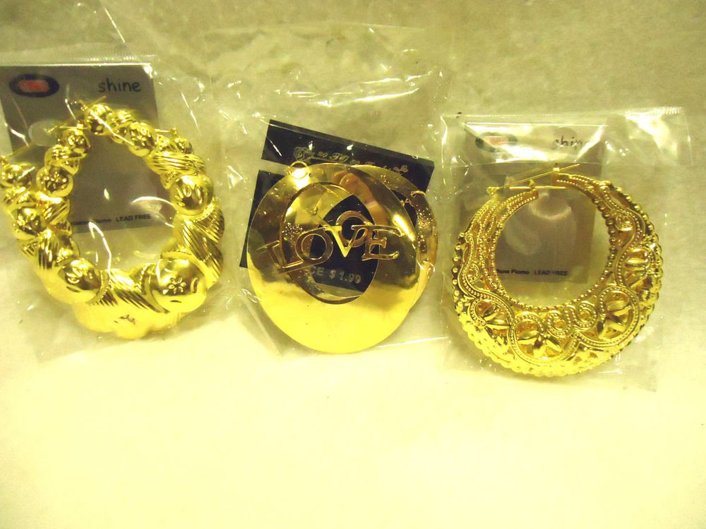 SET OF 3 LARGE GOLDTONE HOOP EARRINGS-LOVE/SCROLLED.....SO BRIGHT & CHEERY
