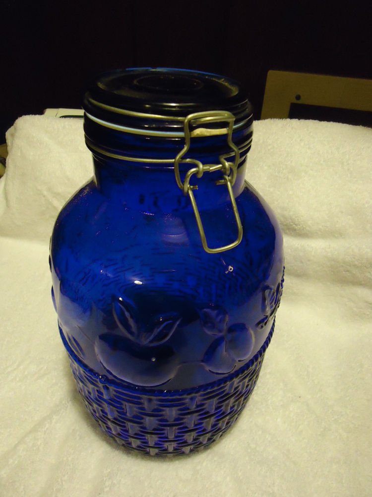 EXTRA LARGE COBALT BLUE GLASS JAR WITH WIRE LID......10 1/2" TALL...NICE DESIGNS