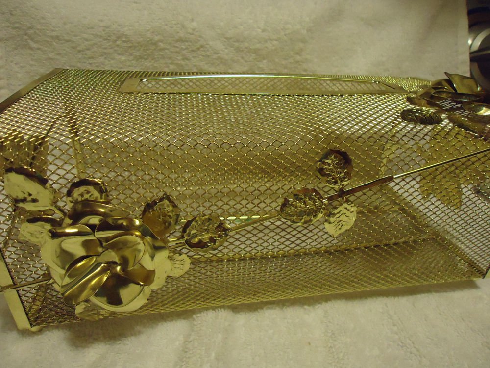 ORNATE GOLD TONE KLEENEX TISSUE BOX COVER HOLDER METAL FILAGREE ROSES