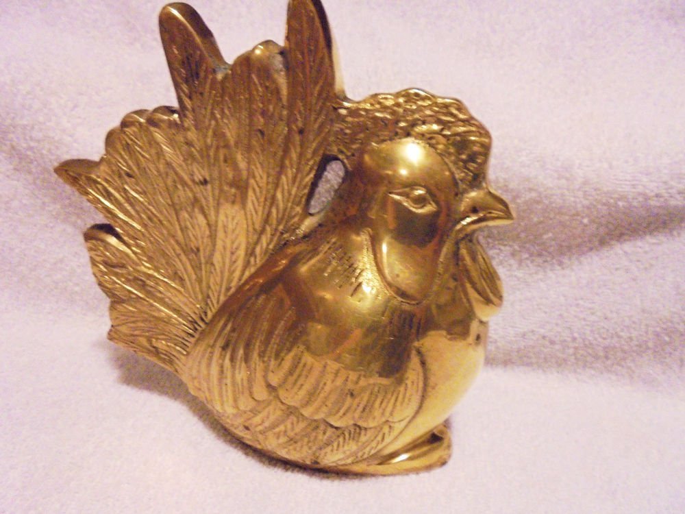 NICE VINTAGE SOLID BRASS ROOSTER FIGURINE-HEAVY-NICE AGED PATINA...CHECK PHOTOS