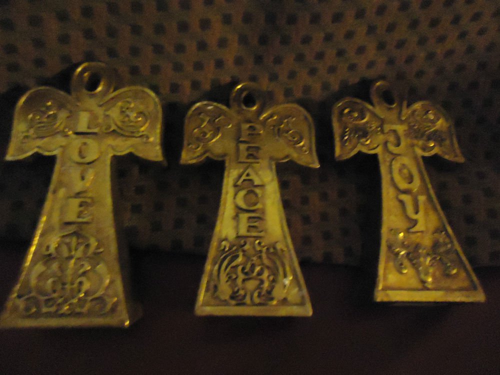 THREE BEAUTIFUL STANDING ANGELS...LOVE, PEACE & JOY...GOLD COLOR