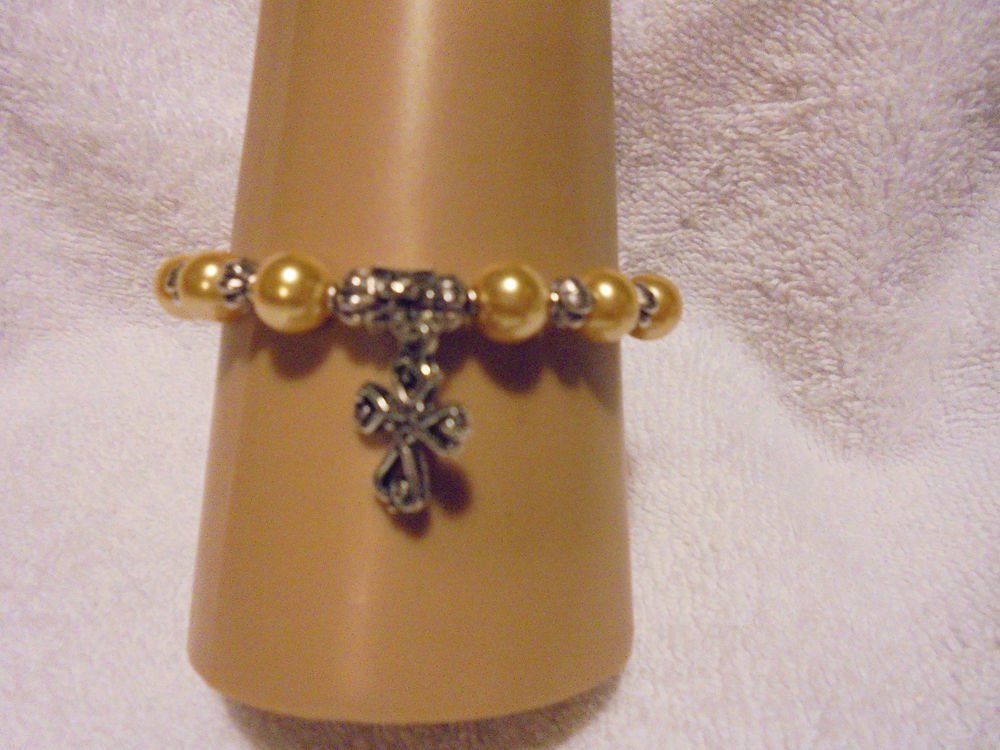 SUNNY YELLOW PEARL BRACELET WITH COMFORT CROSS CHARM & SILVER SPACERS-EXPANDABLE
