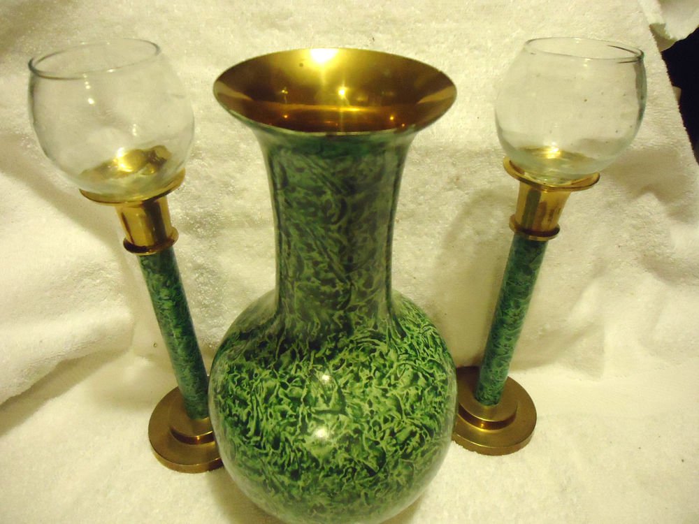 BEAUTIFUL LARGE GREEN PATTERNED CLOISONNE VASE & MATCHING CANDLESTICKS....