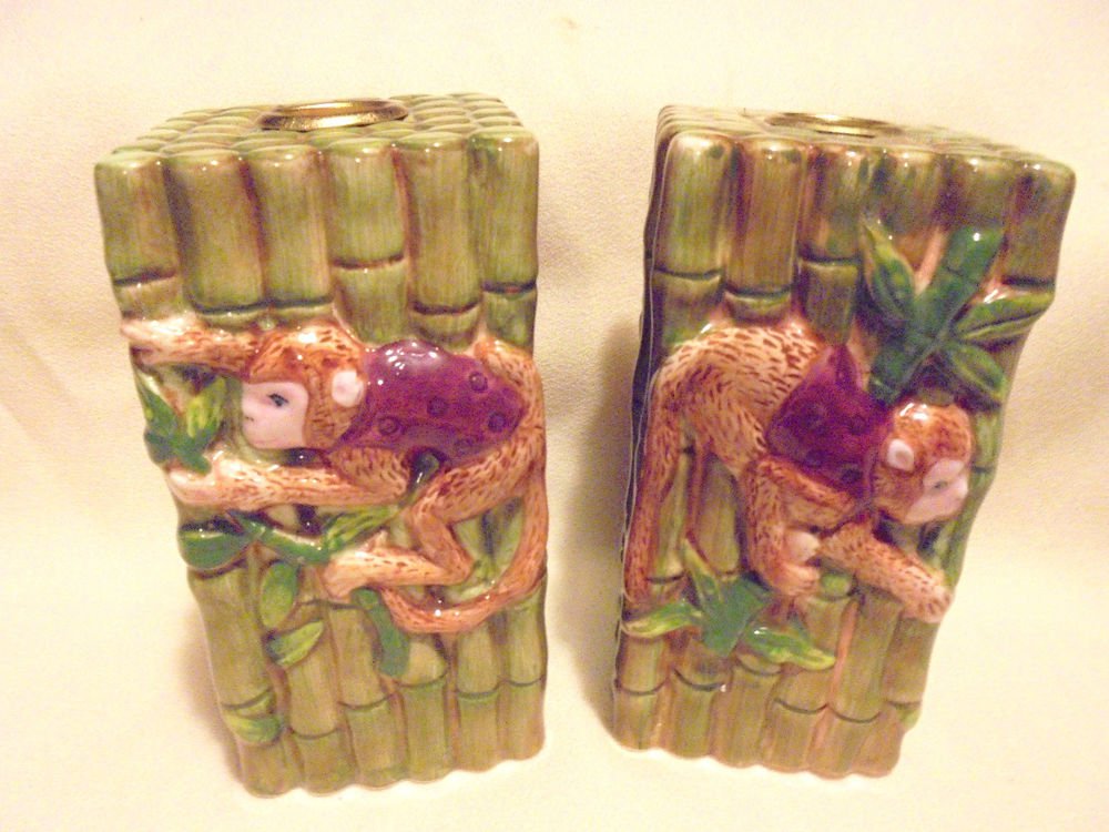 NICE SET OF TWO CERAMIC MONKEY CANDLEHOLDERS...GREAT COLORS....TAPER CANDLES