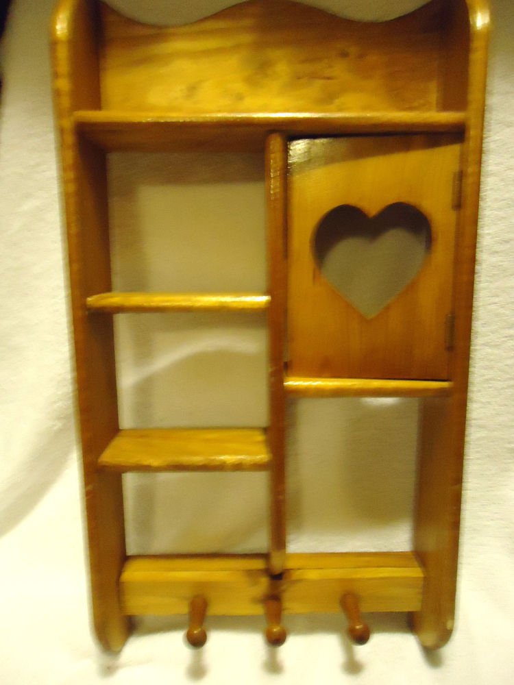 VINTAGE ALL WOOD WALL SHELF WITH HEART CUT OUT & HANGING KNOBS..18"X9"....