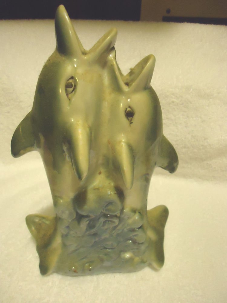 VINTAGE GLAZED & PAINTED DOUBLE DOLPHIN VASE WITH FLOWERS...APPROX 9" TALL