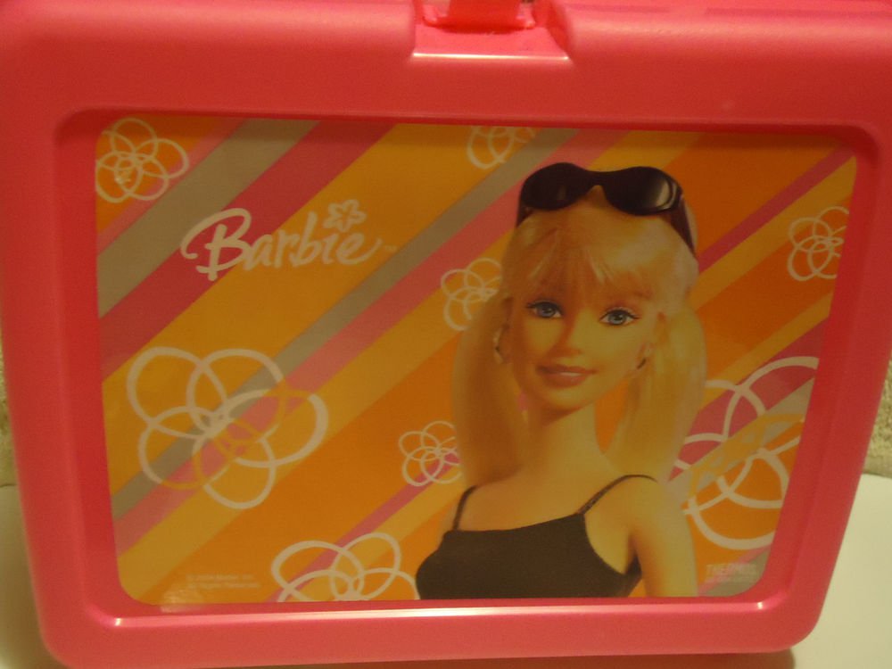 "BARBIE" BRIGHT PINK HARD PLASTIC LUNCH BOX WITH THERMOS.....NEW....2004