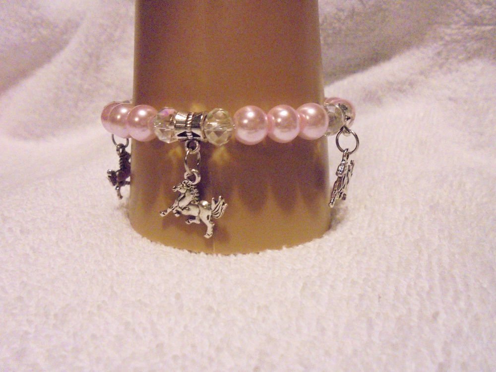 SOFT PINK PEARL/CRYSTALS CHARM BRACELET WITH 3 HORSE CHARMS-EXPANDABLE