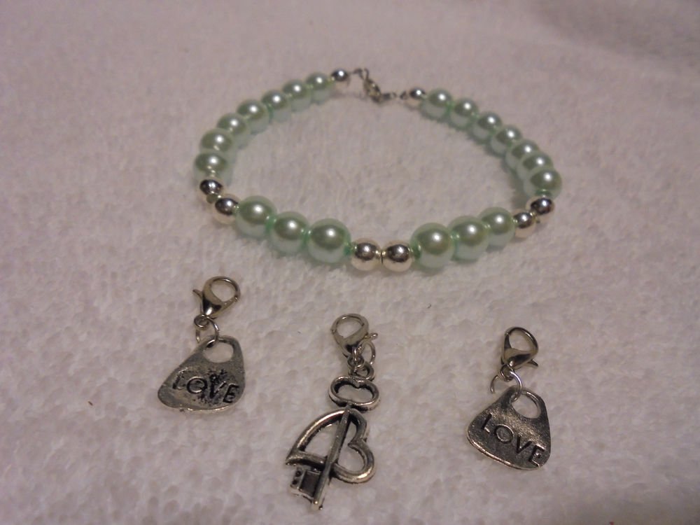 LIGHT BLUE BEADED BRACELET WITH LOVE CHARMS OR USE WITHOUT CHARMS...8"