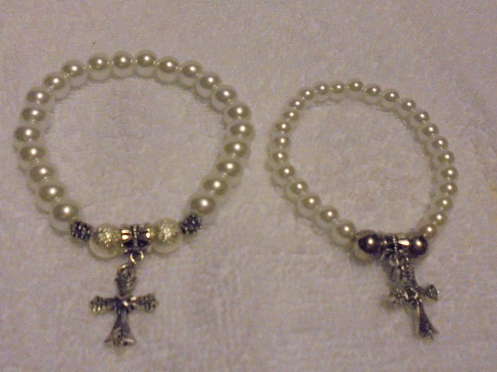 BRIGHT WHITE-- MOTHER & DAUGHTER OF STRETCH BEADED BRACELETS WITH CROSS CHARMS
