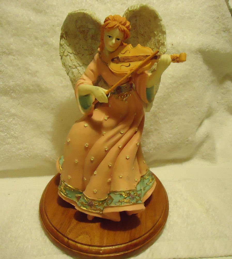 9" ANGEL FIGURINE PLAYING VIOLIN..GREAT COLORING...ON NICE WOODEN BASE