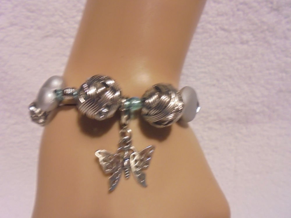 SILVER/BLUE BALL/HEARTS BEADED BRACELET WITH BUTTERFLY CHARM...UNIQUE..STRETCH