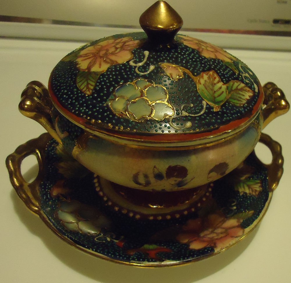 HANDPAINTED ROYAL SATSUMA COVERED BOWL WITH UNDERPLATE..SO UNIQUE
