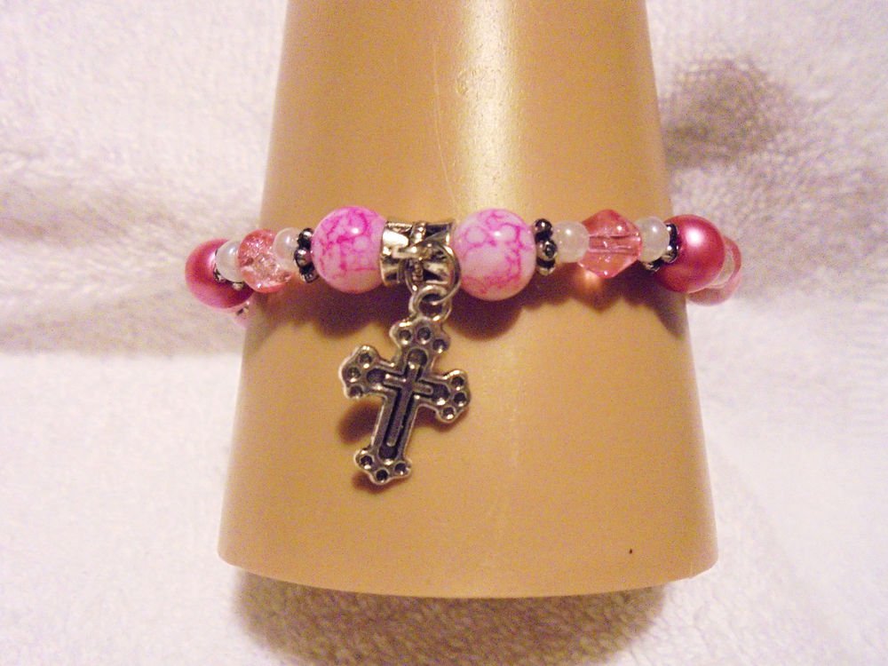 MULTI PINKS PEARL BRACELET WITH COMFORT CROSS CHARM...EXPANDABLE