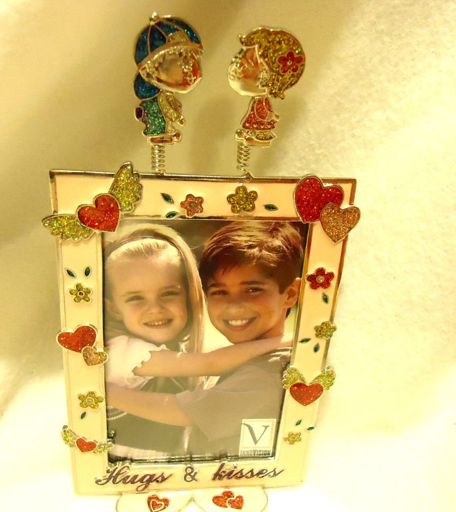 DECORATIVE "HUGS & KISSES" PEWTER PICTURE FRAME...ENAMELED...HEARTS/FLOWERS/