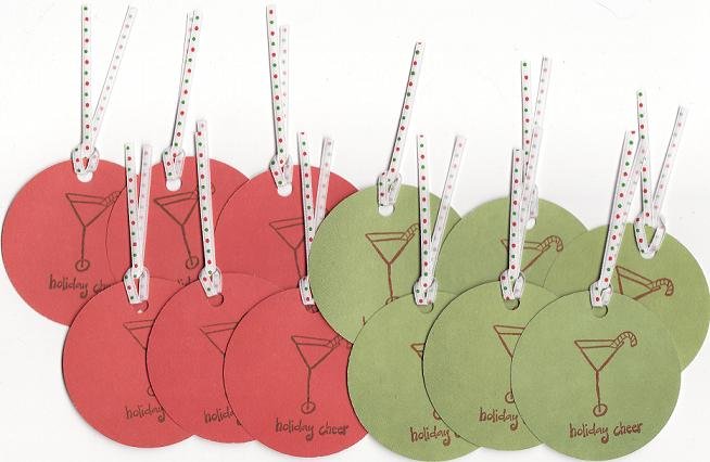Set of 12 "Holiday Cheer" Gift or Hang Tags - Martini Glass with Candy Cane