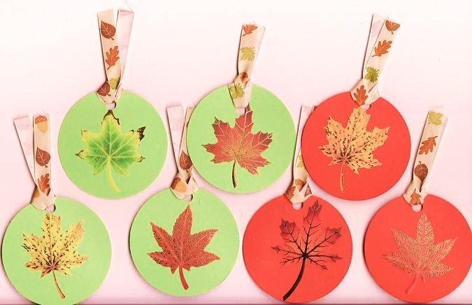 Set of 7 Orange and Green Autumn Fall Leaves Gift or Hang Tags