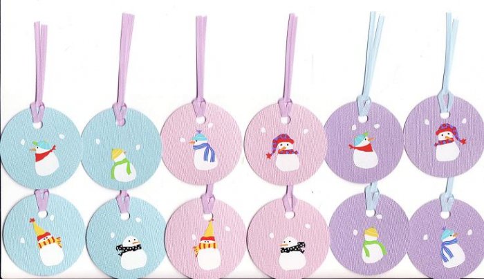 Set of 12 Blue, Pink, and Purple Bling Cardstock Snowmen Gift or Hang Tags