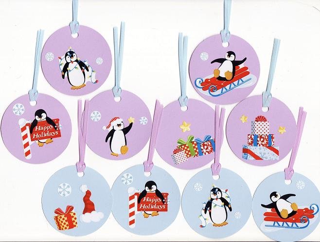 Set of 10 Penguin Christmas/Holiday Blue and Purple Gift or Hang Tags