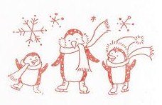 Set of 6 Penguin Ice Skating Green and Red Cards With Matching Envelopes