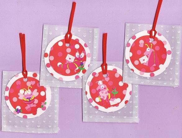 Set of 4 Love Bugs Valentines Day Tags with Matching Vellum Heart Envelopes
