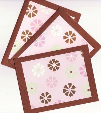 Set of 3 Mint Green Pink and Brown Cards with Envelopes