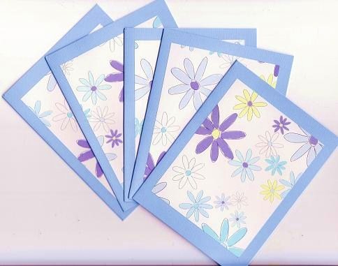 Set of 5 Fancy Shades of Blue Flowers Cards with Envelopes