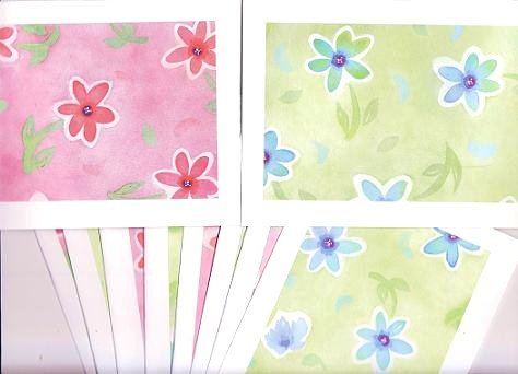 Set of 10 "Watercolor Flower Painting" Pastel Green and Pink Cards with Envelopes