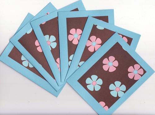 Set of 6 Tropical Blue and Pink Hawaiian Flowers Note Cards
