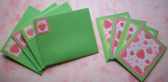 Set of 4 Glittered Falling Strawberry with Polka Dots Cards with Matching Envelopes