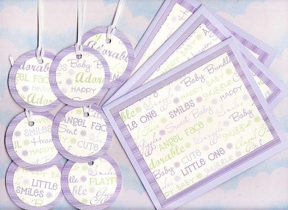 Purple Unisex Baby Gift Set; 3 cards with Envelopes, 7 Gift or Hang Tags