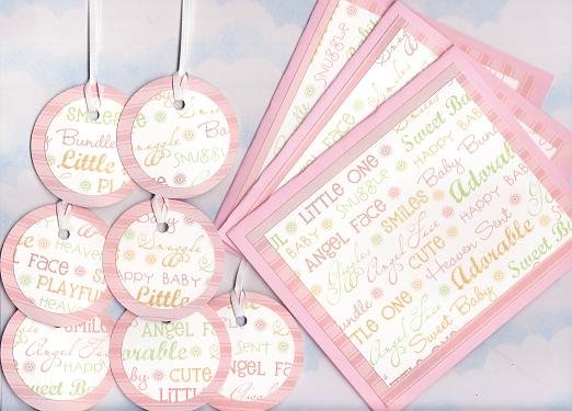 Pink Glittered Baby Gift Set: 3 Cards with Envelopes, 7 Gift or Hang Tags