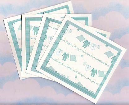 Set of 4 Baby Boy "Onesies and Blankets, and Diapers, Oh My!" Cards with Envelopes
