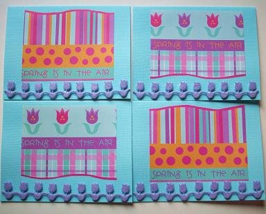 Set of 4 Spring Is In The Air Cards With Dimensional Row Of Felt Tulips with Envelopes