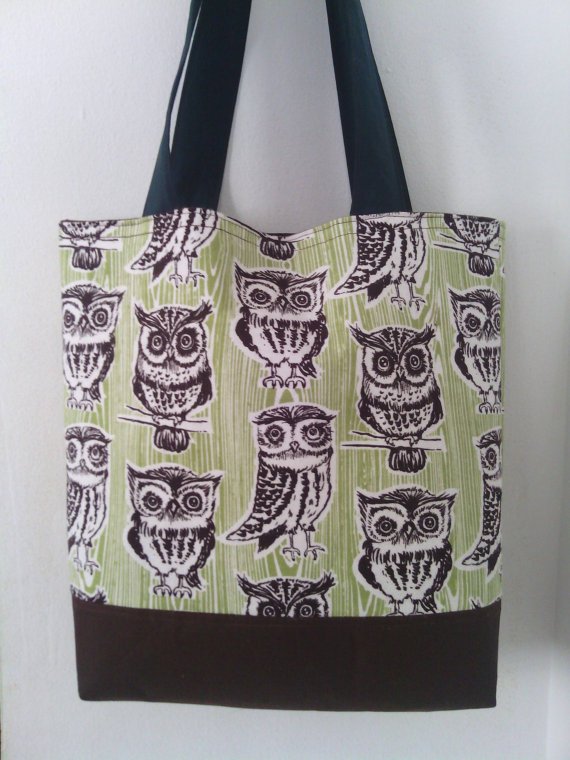 Large Brown and Green Owl Handmade Tote