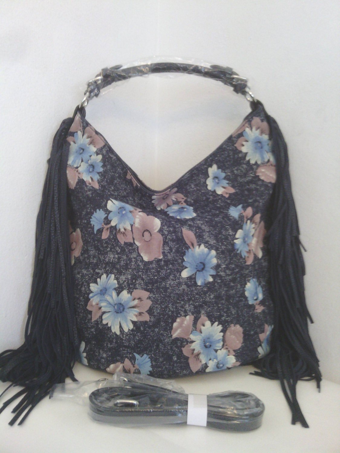 Fringed Floral Denim Hobo