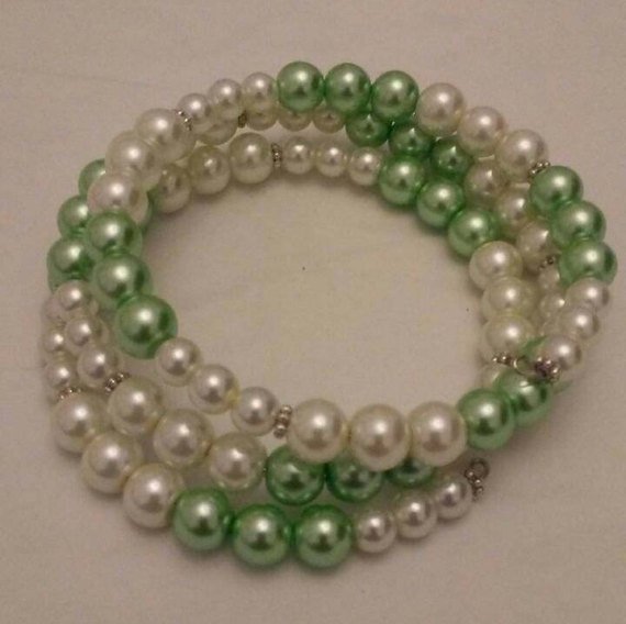 Mint Green and White Pearls Memory Wire, Wrap Around Bracelet