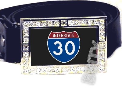 I-30 INTERSTATE 30 SHIELD SYMBOL CZ GLOW RHINESTONE BELT BUCKLE