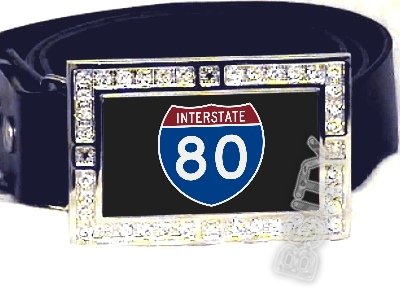 I-80 INTERSTATE 80 SHIELD SYMBOL CZ GLOW RHINESTONE BELT BUCKLE