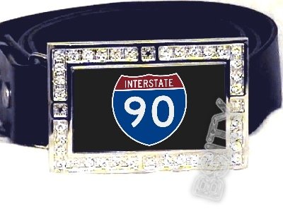 I-90 INTERSTATE 90 SHIELD SYMBOL CZ GLOW RHINESTONE BELT BUCKLE
